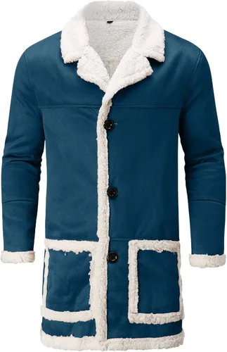 Vista 3 de Abrigo de piel sintética con forro de sherpa para hombre, abrigo de piel de oveja de lana de oveja pesada, chaqueta de piel de gamuza pesada