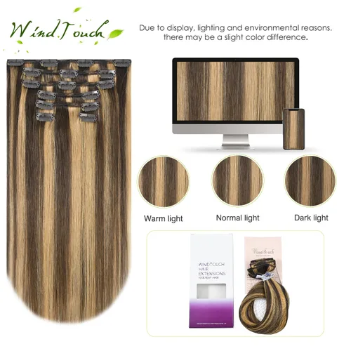 Vista 52 de WindTouch - Extensiones de cabello humano real con clip, color marrón claro a rubio con reflejos #6P613, 22 pulgadas, 4.33 onzas, 7 piezas #6p613