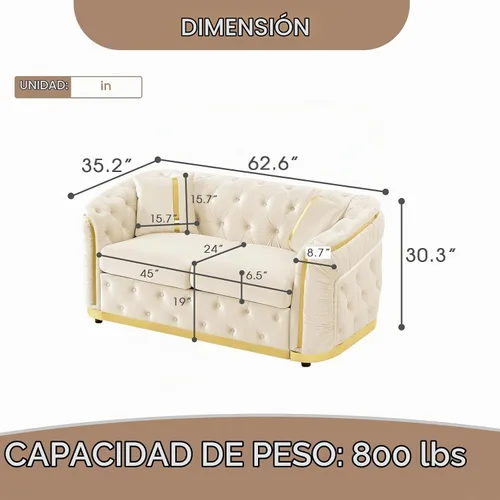 Vista 2 de Sofá Chesterfield de 62.6 pulgadas, moderno de mediados de siglo, sofá de terciopelo blanco beige y dorado, sofás de lujo para sala de estar