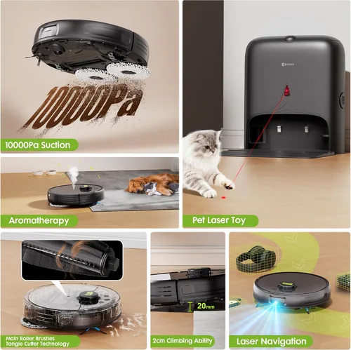 Vista 2 de Robot aspirador y trapeador, tecnología de corte sin enredos de pelo de mascotas, succión máxima de 10,000 Pa, navegación láser, láser
