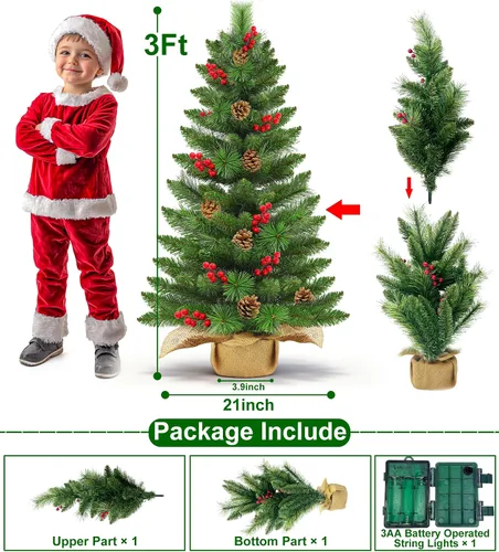 Vista 6 de Árbol de Navidad artificial pequeño de 3 pies con luces, mini temporizador