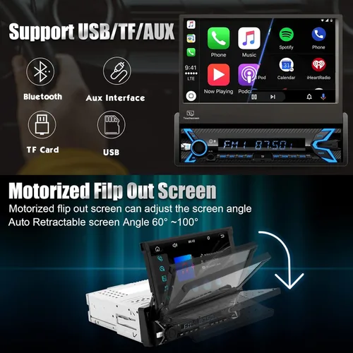 Vista 3 de Estéreo de automóvil de un solo DIN compatible con Apple Carplay y Android Auto, pantalla táctil HD plegable motorizada con flip de 7 pulgadas
