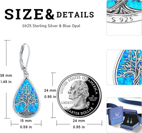 Vista 288 de Aretes colgantes de plata de ley con diseño de árbol de la vida, flor, abeja, animales, gato, colibrí, piedra lunar, turquesa, aretes con cierre