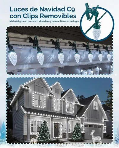 Vista 3 de Luces de Navidad C9 para exteriores con 100 clips de resorte de 65 pies, 100 LED, cadena de luces C9, impermeable, conectable, grado comercial