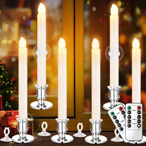 Vista 10 de YAUNGEL Velas de Navidad para ventana, paquete de 6 velas cónicas sin llama a pilas para ventanas con temporizador remoto, luces eléctricas
