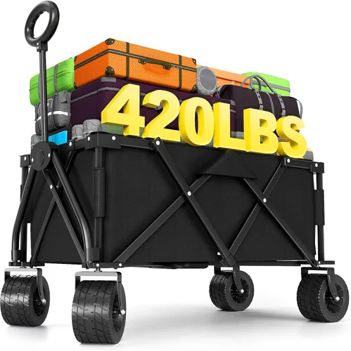 Vista 17 de LEVELEVE Vagón Plegable de Servicio Pesado - Carrito Plegable 2 en 1, Capacidad de 400 libras, Ruedas Todo Terreno con Frenos y Bolsillos Laterales