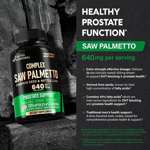 Vista 4 de Saw Palmetto para hombres 640 mg - Semilla de calabaza Ortiga Zinc y Pygeum - Salud de próstata y suplemento urinario - Bloqueo de DHT y soporte