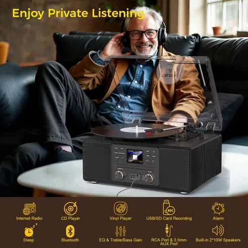 Vista 5 de Tocadiscos de vinilo Bluetooth con CD y radio por Internet, tocadiscos de 3 velocidades con grabación USB, salida AUX/RCA, control remoto y tono