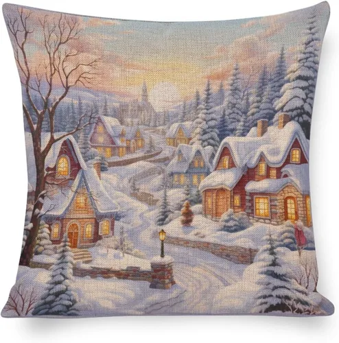 Vista 9 de Fundas de almohada de 16 x 16 pulgadas, diseño de pueblo de invierno, decoración de Navidad, para sofá, sala de estar, dormitorio