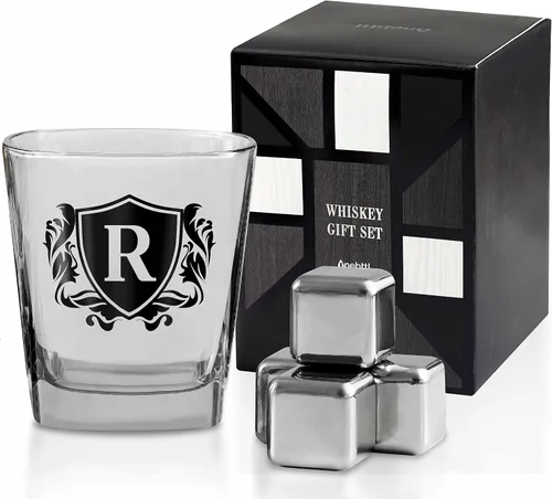 Vista 19 de Regalos de whisky para hombres, vaso de whisky con inicial personalizada con piedras de whisky para papá, novio, mejores amigos, compañeros