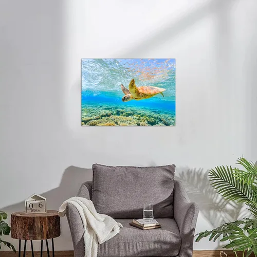 Vista 4 de Playa - Arte de pared del océano: tortugas marinas en un lienzo azul para decoración de baño, arte marino, tortuga hawaiana, decoración costera