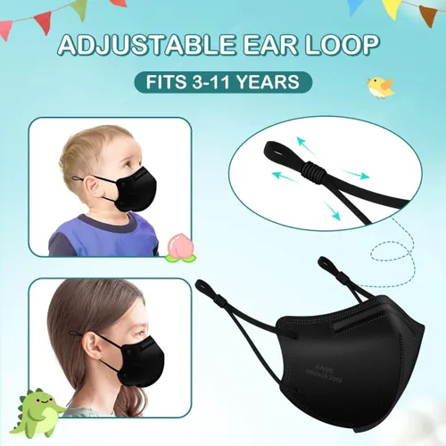 Vista 4 de Mascarillas protectoras KN95 para niños, paquete de 15, máscaras respiradoras desechables de 5 capas con cintas elásticas ajustables para las orejas