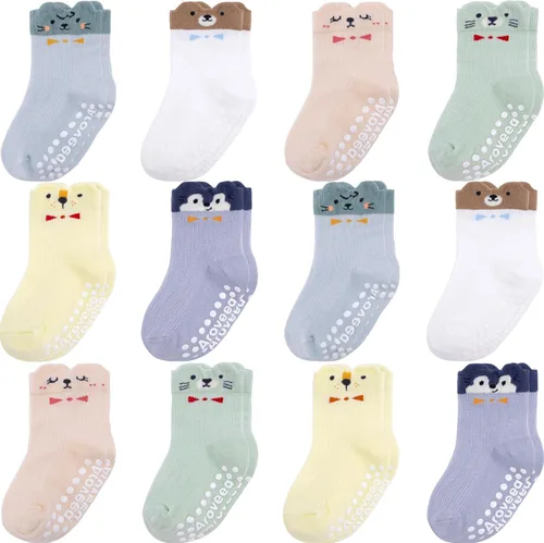 Vista 10 de Calcetines antideslizantes con agarre para tobillos, paquete de 12 unidades para niños pequeños, niños y niñas, lindos calcetines de algodón
