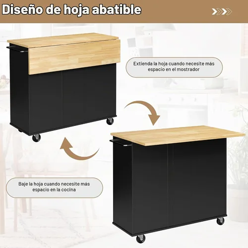 Vista 4 de Shintenchi Isla de cocina con hoja plegable, mesa de isla enrollable con almacenamiento, armario de cocina con ruedas con área de asiento