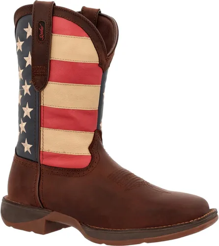 Vista 8 de Durango Botas patrióticas de tira para hombre, estilo occidental con bandera Marrón
