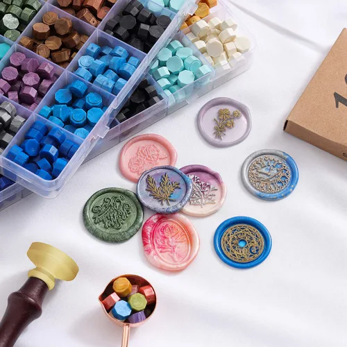Vista 3 de Kit de sellos de cera – 630 cuentas de cera, caja de regalo, calentador, bolígrafos metálicos, sobres, juego de sellos para regalos y decoración
