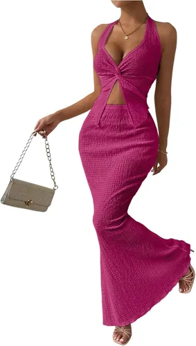 Vista 23 de SOLY HUX - Conjunto de dos piezas de verano para mujer, con parte superior tipo camisola con cuello halter, nudo frontal y falda marrón (Plain Brown)