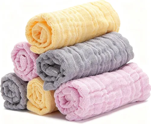 Vista 15 de Toallitas de muselina orgánicas para bebé, paquete de 6, toalla de baño y cara de 12x12 pulgadas, extra absorbente y suave, para bebés recién Azul