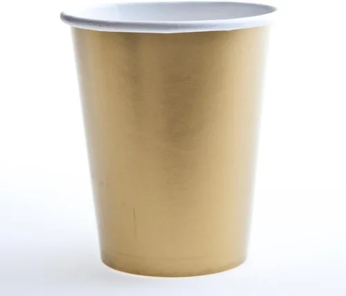 Vista 2 de Vasos de papel sólido dorados – 12 onzas (paquete de 10) – Vasos desechables – Perfecto para fiestas, eventos y reuniones