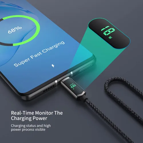 Vista 3 de SOOPII Cable USB C a USB C de 100 W, cable trenzado tipo C de nailon de 1 pie con pantalla LED para iPhone 15/15 Pro/15 Plus/15 Pro Max, MacBook