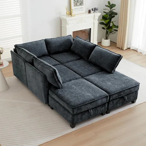 Vista 24 de ORRD Juego de sofá modular esquinero de gran tamaño, sofá convertible en forma de L con almacenamiento, sofá modular de 8 plazas con otomanas y Beige