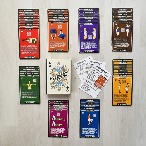 Vista 5 de Stack 52 Tarjetas de ejercicio de banda de resistencia. Juego de cartas de entrenamiento de banda de ejercicio. Instrucciones en video incluidas.