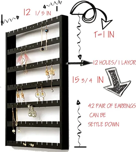 Vista 2 de Organizador de aretes de 7 capas, almacenamiento de aretes de oreja montado en la pared, organizador de aretes de metal negro de gran capacidad