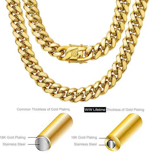Vista 3 de Collar de cadena de eslabones cubanos de acero inoxidable chapado en oro de 18 quilates para hombre