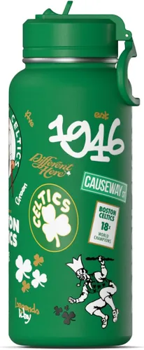 Vista 6 de Hydrapeak Botella de agua aislada de 32 onzas con licencia oficial de la NBA Boston Celtics, celebrando la ciudad de Boston, tapa de popote y asa