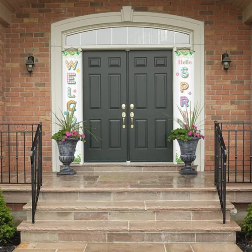 Vista 7 de Letrero colgante con texto en inglés «Hello Welcome Spring Happy Easter» para porche, puerta delantera, decoración interior y exterior
