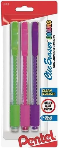 Vista 4 de Pentel ZE21TBP3M Borrador Clic estilo lápiz, borrador de agarre, surtido de 3 unidades, cloruro de polivinilo (PVC)