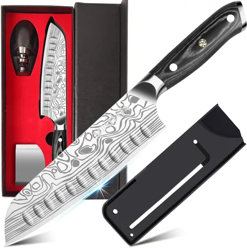 Vista 10 de MOSFiATA - Cuchillo de chef de 10 pulgadas súper afilado, cuchillo de cocina profesional con protector de dedos en caja de regalo, cuchillo