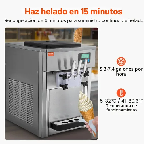Vista 3 de Máquina comercial de helados VEVOR, máquina de helado de servicio suave de 21 QT/H con panel LCD, limpieza automática, pre-enfriamiento para 3