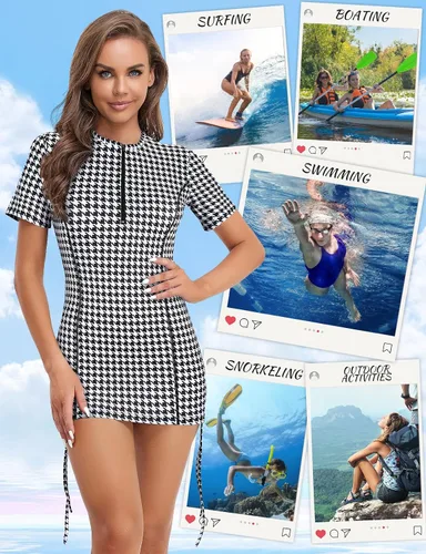Vista 3 de LURANEE Camiseta de protección contra erupciones de manga corta para mujer, UPF 50+ lateral, ajustable, traje de baño, tallas S-XXL