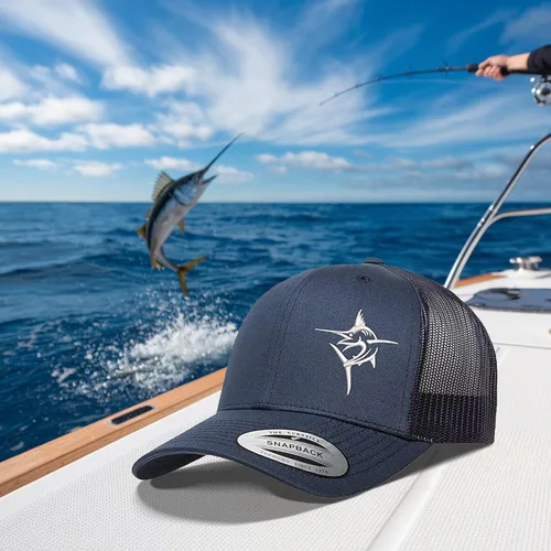 Vista 6 de Embroidered Swordfish Trucker Hat Adjustable Snapback Cap Mesh Back Men and Women