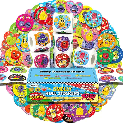 Vista 8 de HORIECHALY 3 Rollos de Calcomanías para Raspar y Oler para Niños, 600 Piezas de Calcomanías con Aroma, Calcomanías de Recompensa para Niños
