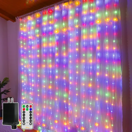 Vista 9 de Ollny Luces de Cortina 300LED 9.8ftx9.8ft, Conectables IP67 Impermeables para Exteriores con Control Remoto, Luces de Hadas Enchufables Sin Enredos