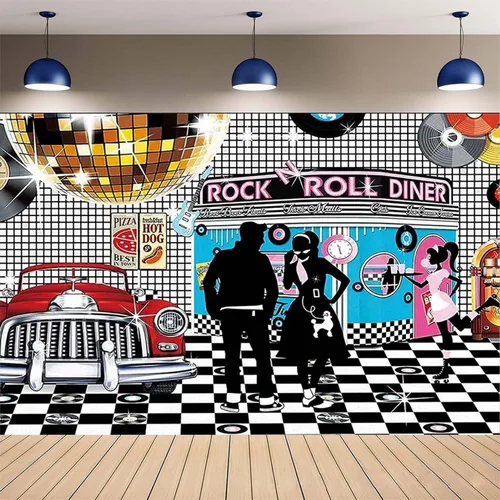 Vista 5 de Telón de fondo de fotos de estilo retro disco – Rollo de rock de los años 50, baile de graduación, cumpleaños, comedor, decoración de fiesta