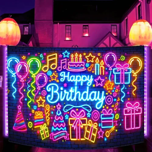 Vista 2 de HOMETITUTE Cartel de neón para fiesta de cumpleaños que brilla en la oscuridad, telón de fondo de fotografía de fiesta de cumpleaños neón para niños