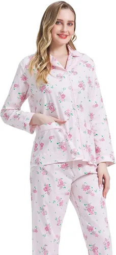 Vista 6 de Amaxer Conjunto de pijama 100% algodón para mujer, de manga larga, suave, con botones, con cordón elástico