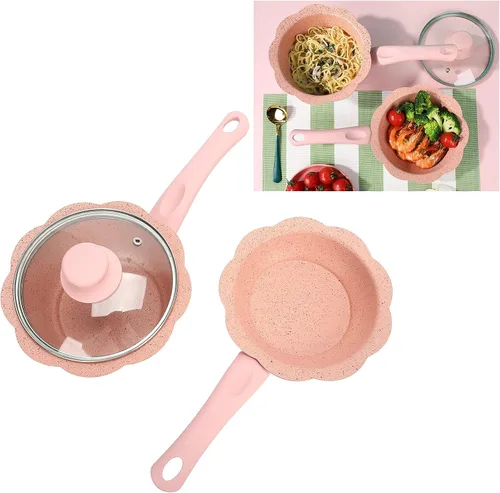 Vista 6 de Alvinlite Sartén antiadherente, mini sartén rosa para leche para bebés, juego de utensilios de cocina multifunción con tapa transparente para cocina