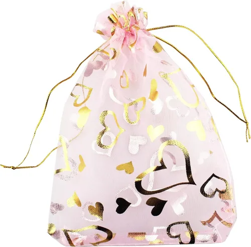Vista 9 de QIANHAILIZZ 5 x 7 pulgadas 100 piezas corazón flor organza joyería bolsa de regalo bolsa de caramelo bolsa cordón boda favor bolsas P835