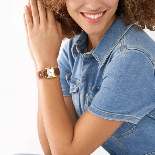 Vista 4 de Fossil Harwell - Reloj de tres manos de acero inoxidable y cuero ecológico para mujer