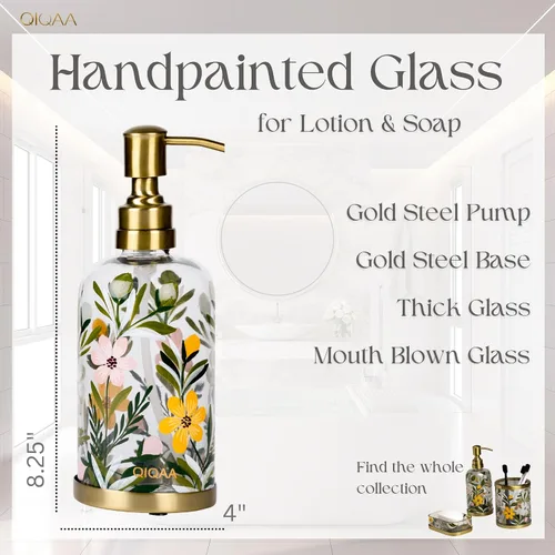 Vista 2 de Dispensador de jabón y loción de vidrio floral pintado a mano con bomba para baño y fregadero de cocina, vintage, hecho a mano en la India 4x8.25