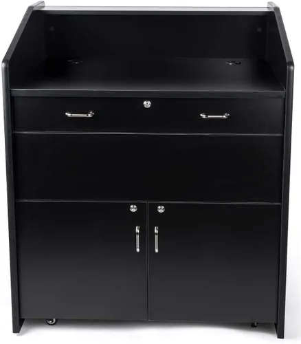 Vista 4 de Displays2go Podio multimedia rodante con estantería ajustable - (OLILCTMMLBK)