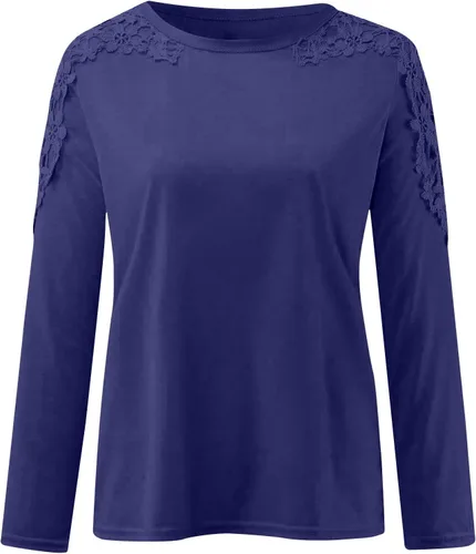 Vista 4 de Camisas de manga larga para mujer, estilo casual, cuello redondo, color liso, ajuste cómodo, con encaje hueco