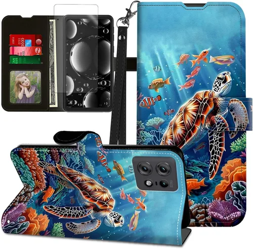 Vista 73 de Funda para Motorola Edge 2022 con protector de pantalla, soporte y tarjetero y correa para la muñeca, funda magnética para Moto Edge 2022 5G UW Lobo