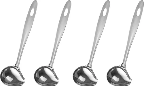 Vista 8 de Cucharón de salsa con boquilla de vertido, cucharón de salsa de mango largo de 10.6 pulgadas, cuchara de acero inoxidable para salsas, salsas