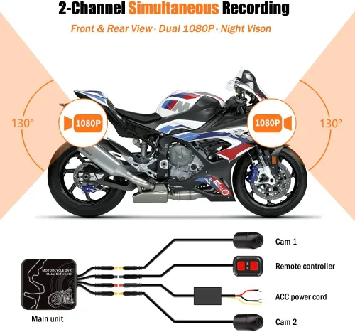 Vista 7 de VSYSTO D6WL - Cámara de salpicadero de motocicleta delantera y trasera, doble 1080P, cámaras impermeables con control de aplicación WiFi, grabación