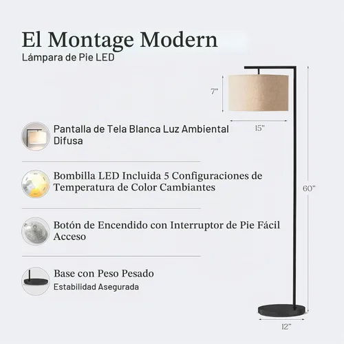 Vista 3 de Brightech Montage - Lámpara de pie moderna - Lámpara de pie LED con pantalla bronceada para salas de estar y oficinas - Luz de lectura